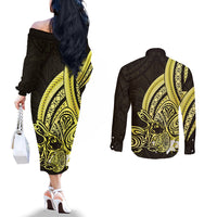 Yellow Polynesia Easter Day Couples Matching Off The Shoulder Long Sleeve Dress and Long Sleeve Button Shirt Eggs With Bunny Polynesian Pattern