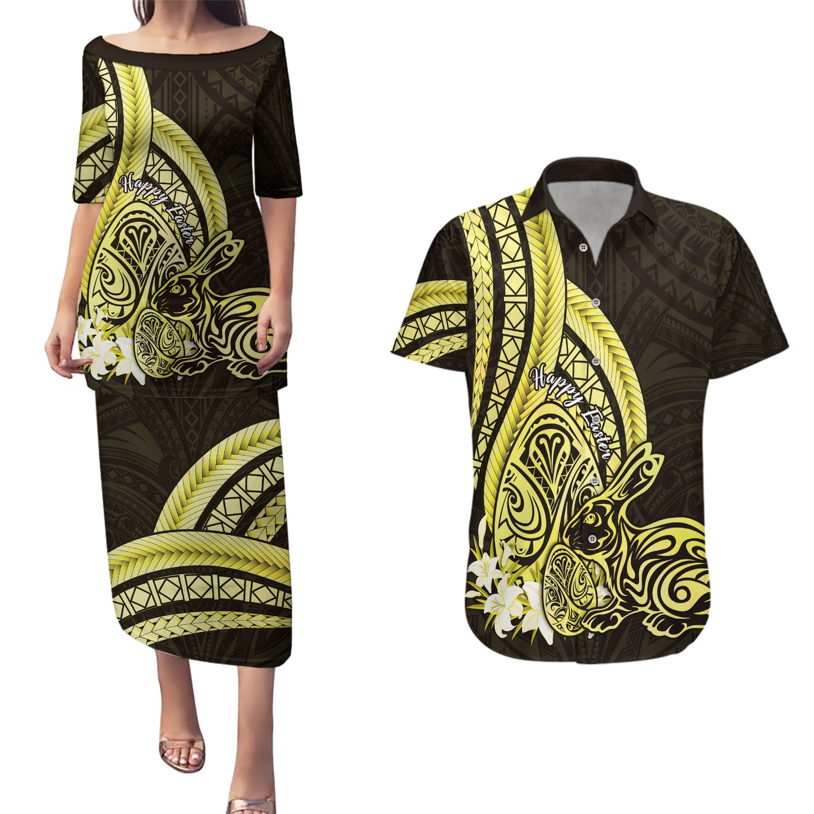 Yellow Polynesia Easter Day Couples Matching Puletasi and Hawaiian Shirt Eggs With Bunny Polynesian Pattern LT14 Yellow - Polynesian Pride