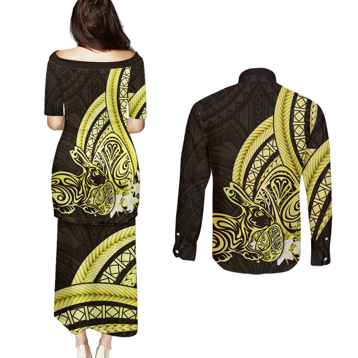 Yellow Polynesia Easter Day Couples Matching Puletasi and Long Sleeve Button Shirt Eggs With Bunny Polynesian Pattern LT14 - Polynesian Pride