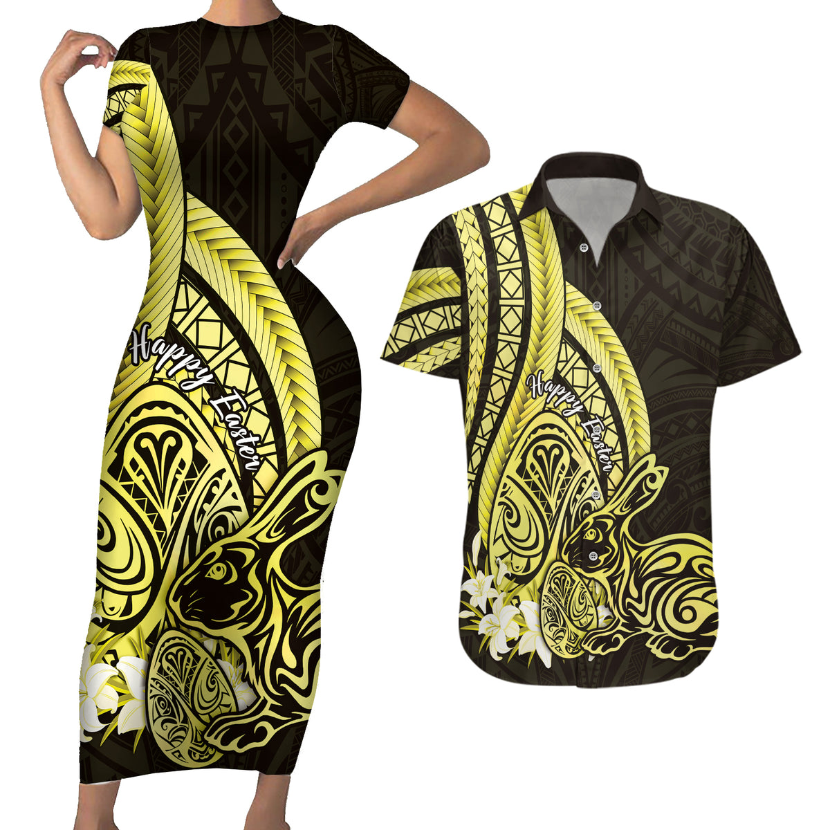 Yellow Polynesia Easter Day Couples Matching Short Sleeve Bodycon Dress and Hawaiian Shirt Eggs With Bunny Polynesian Pattern LT14 Yellow - Polynesian Pride