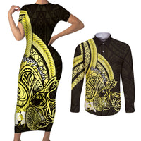 Yellow Polynesia Easter Day Couples Matching Short Sleeve Bodycon Dress and Long Sleeve Button Shirt Eggs With Bunny Polynesian Pattern LT14 Yellow - Polynesian Pride