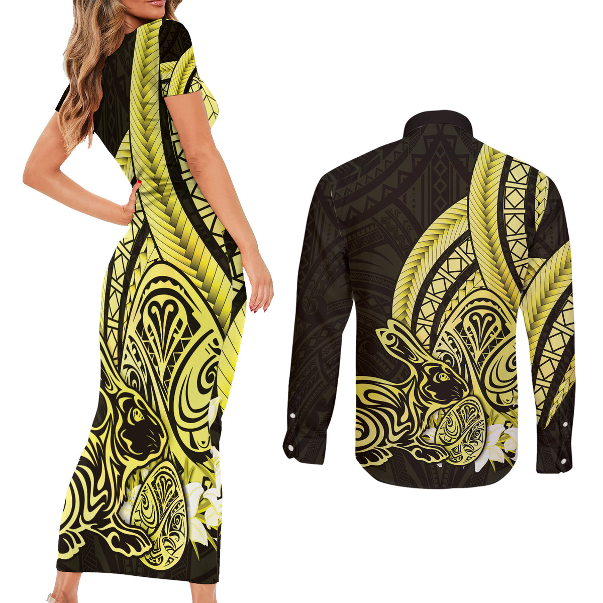 Yellow Polynesia Easter Day Couples Matching Short Sleeve Bodycon Dress and Long Sleeve Button Shirt Eggs With Bunny Polynesian Pattern LT14 - Polynesian Pride