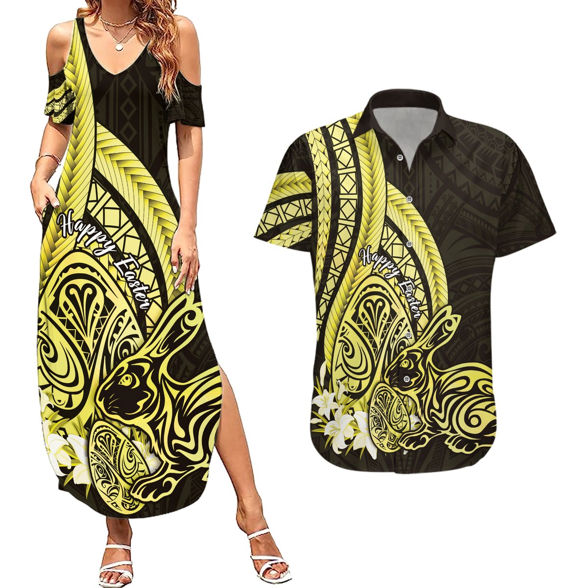 Yellow Polynesia Easter Day Couples Matching Summer Maxi Dress and Hawaiian Shirt Eggs With Bunny Polynesian Pattern LT14 Yellow - Polynesian Pride