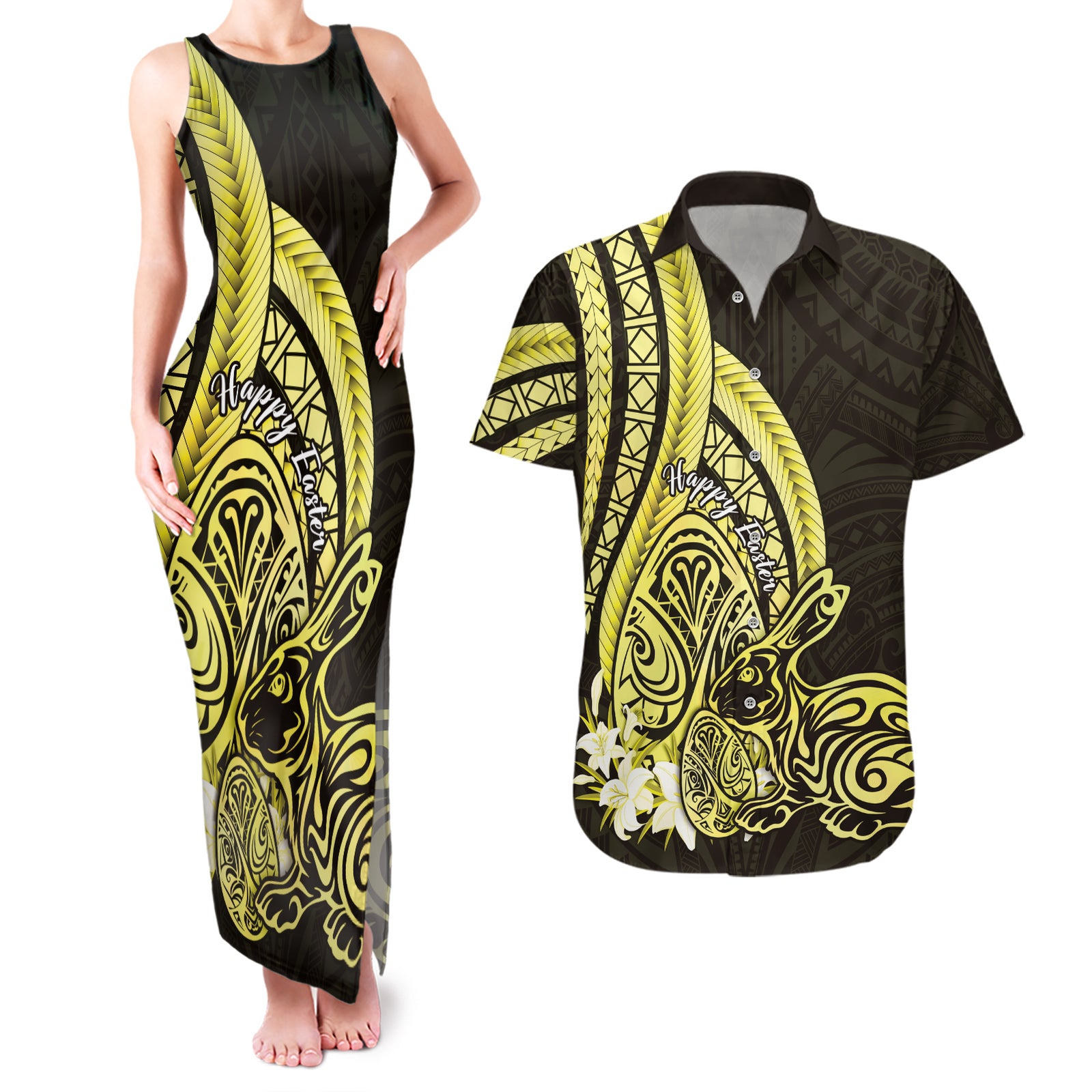 Yellow Polynesia Easter Day Couples Matching Tank Maxi Dress and Hawaiian Shirt Eggs With Bunny Polynesian Pattern LT14 Yellow - Polynesian Pride