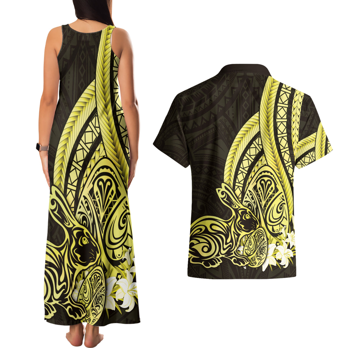 Yellow Polynesia Easter Day Couples Matching Tank Maxi Dress and Hawaiian Shirt Eggs With Bunny Polynesian Pattern LT14 - Polynesian Pride