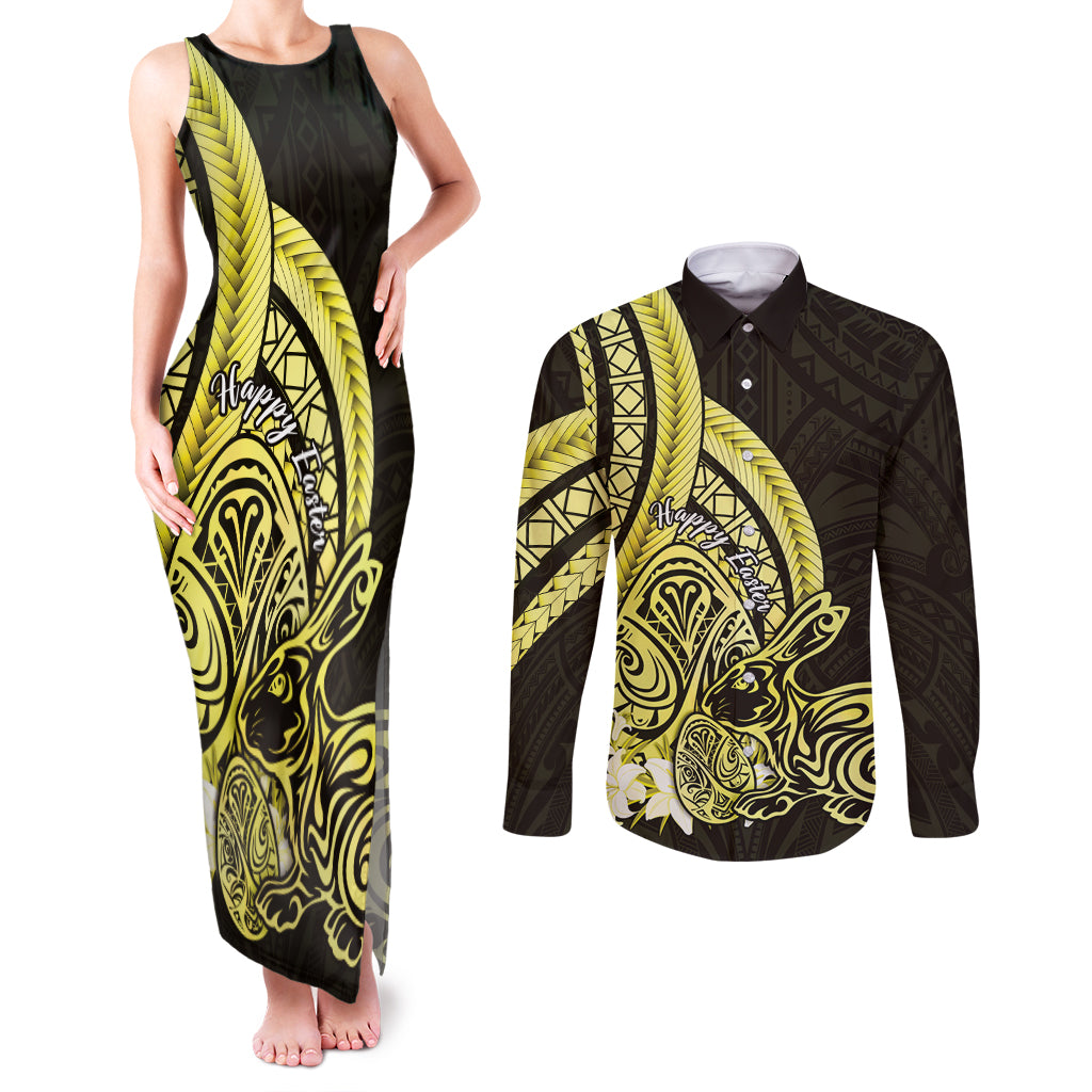 Yellow Polynesia Easter Day Couples Matching Tank Maxi Dress and Long Sleeve Button Shirt Eggs With Bunny Polynesian Pattern LT14 Yellow - Polynesian Pride