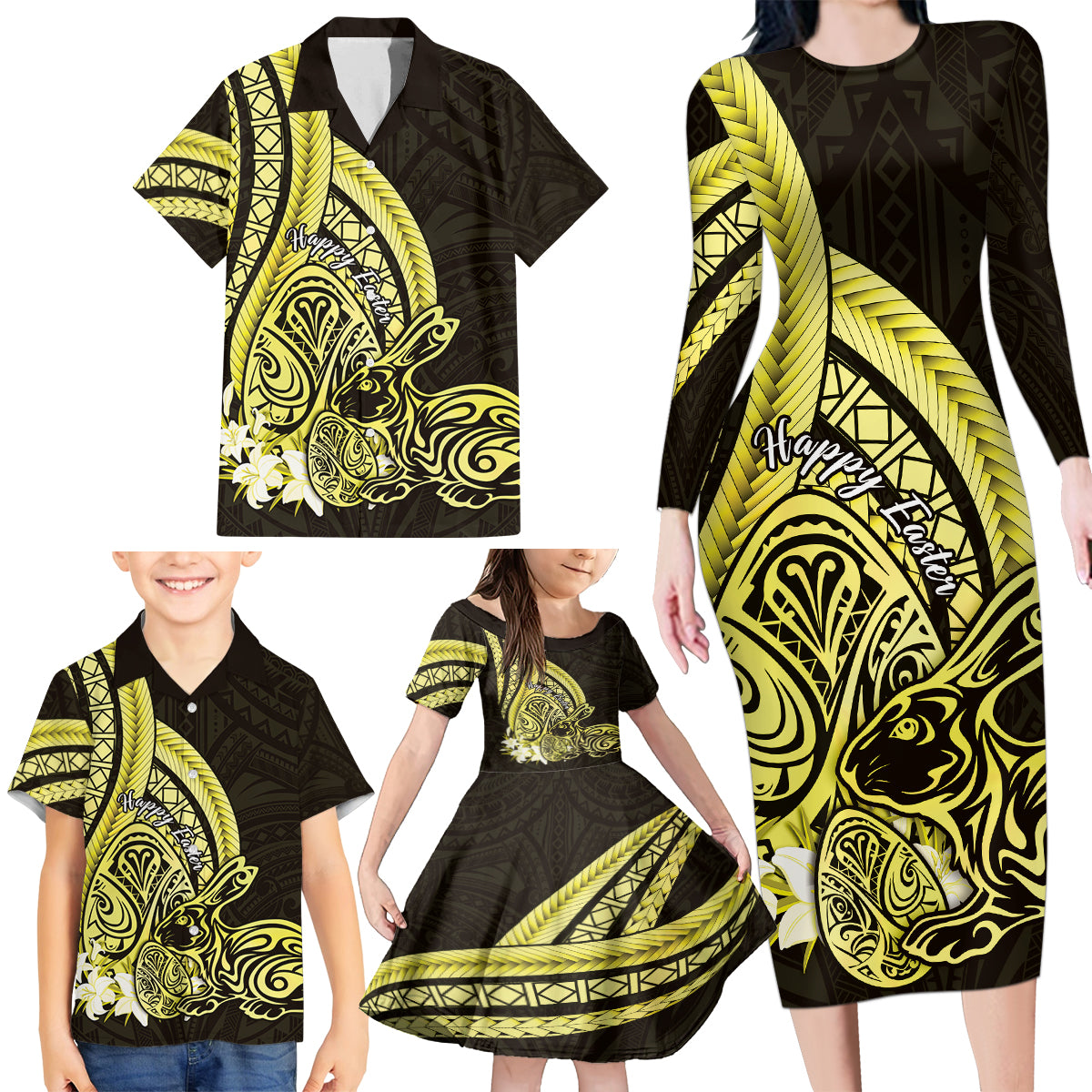 Yellow Polynesia Easter Day Family Matching Long Sleeve Bodycon Dress and Hawaiian Shirt Eggs With Bunny Polynesian Pattern LT14 - Polynesian Pride