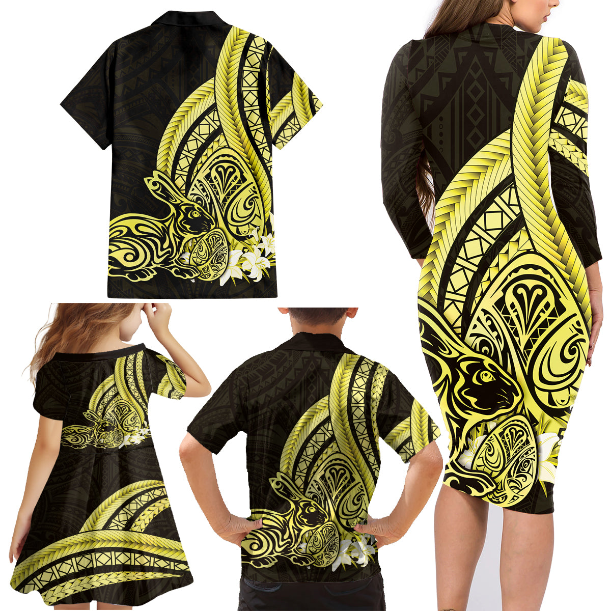 Yellow Polynesia Easter Day Family Matching Long Sleeve Bodycon Dress and Hawaiian Shirt Eggs With Bunny Polynesian Pattern LT14 - Polynesian Pride