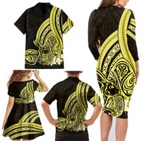 Yellow Polynesia Easter Day Family Matching Long Sleeve Bodycon Dress and Hawaiian Shirt Eggs With Bunny Polynesian Pattern LT14 - Polynesian Pride