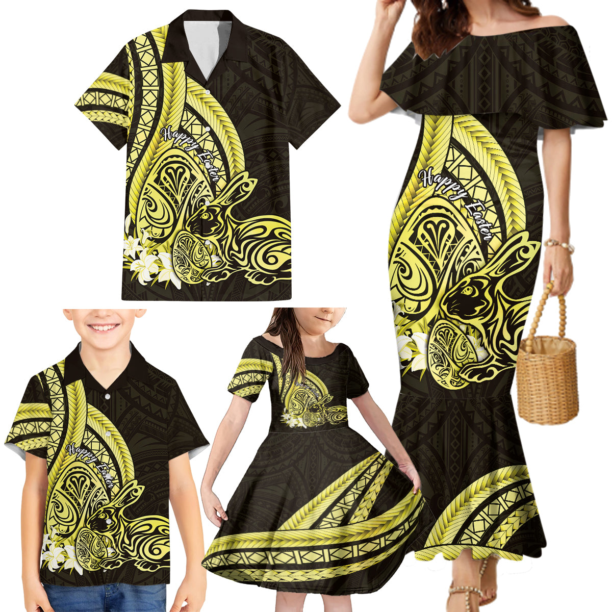 Yellow Polynesia Easter Day Family Matching Mermaid Dress and Hawaiian Shirt Eggs With Bunny Polynesian Pattern