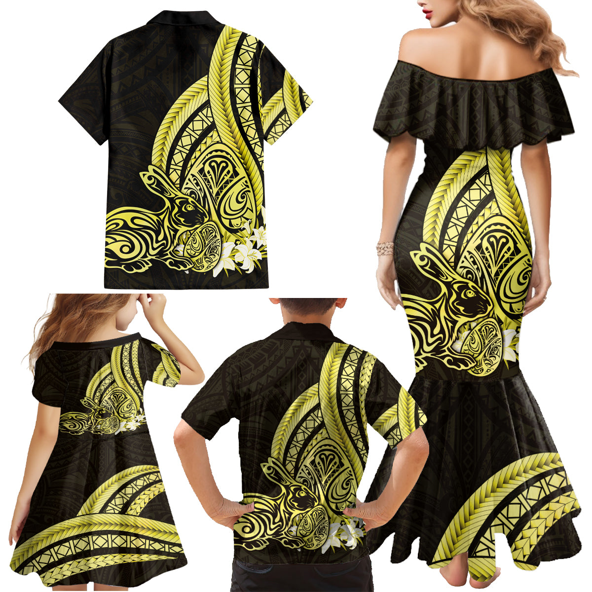 Yellow Polynesia Easter Day Family Matching Mermaid Dress and Hawaiian Shirt Eggs With Bunny Polynesian Pattern LT14 - Polynesian Pride
