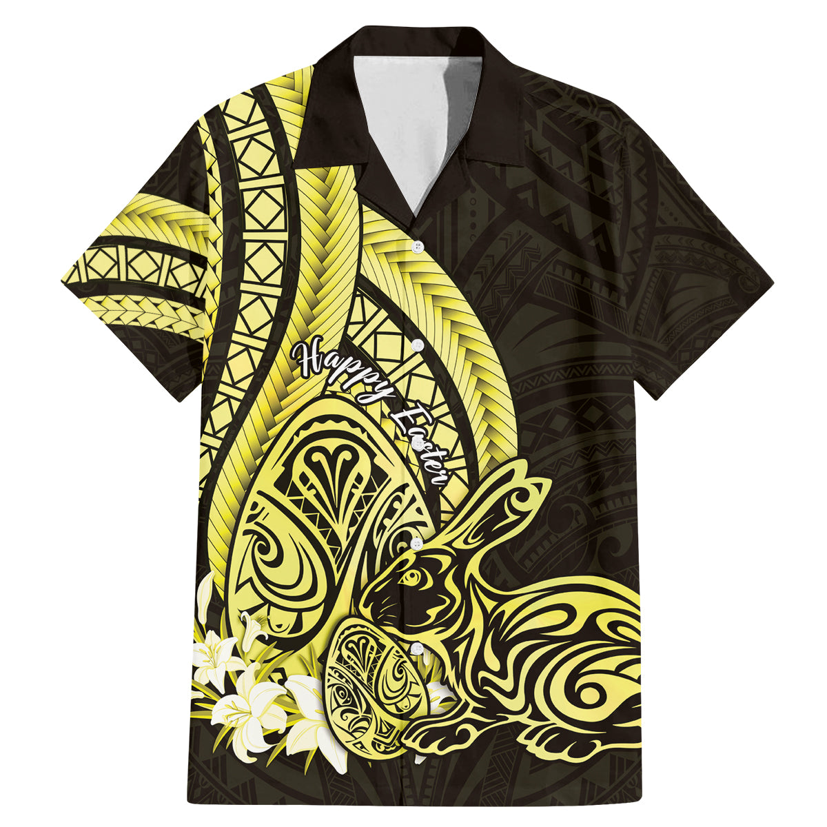 Yellow Polynesia Easter Day Family Matching Mermaid Dress and Hawaiian Shirt Eggs With Bunny Polynesian Pattern LT14 Dad's Shirt - Short Sleeve Yellow - Polynesian Pride
