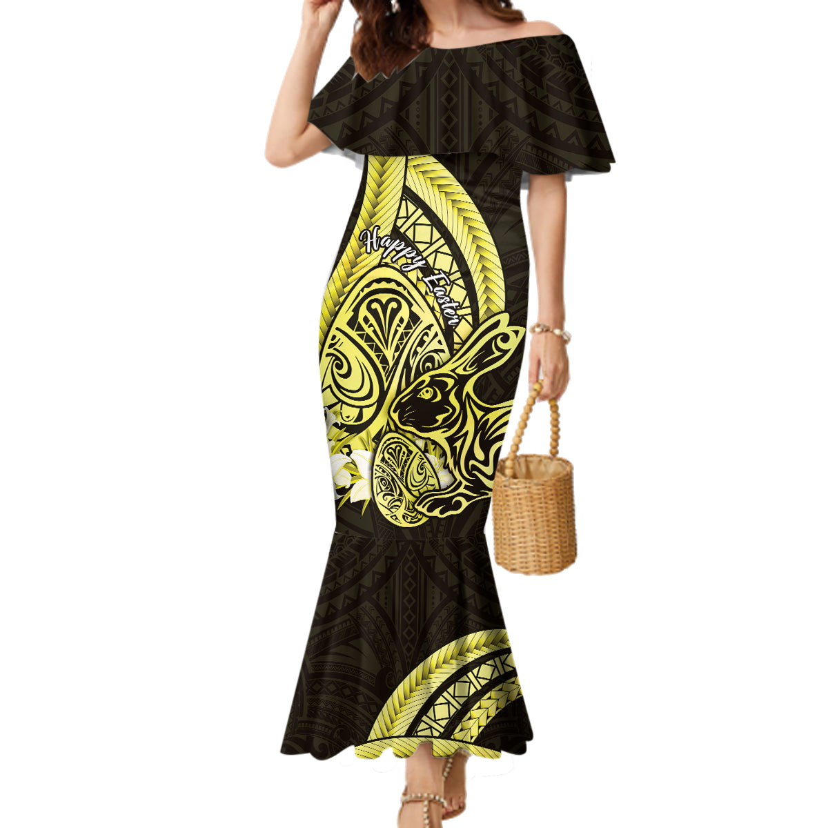 Yellow Polynesia Easter Day Family Matching Mermaid Dress and Hawaiian Shirt Eggs With Bunny Polynesian Pattern LT14 Mom's Dress Yellow - Polynesian Pride