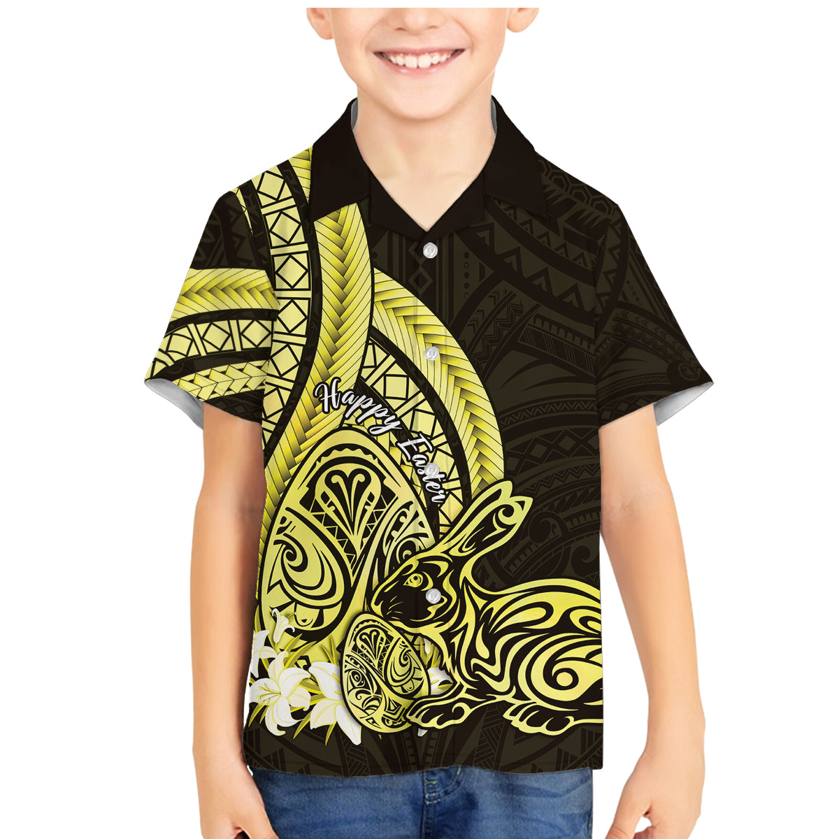 Yellow Polynesia Easter Day Family Matching Mermaid Dress and Hawaiian Shirt Eggs With Bunny Polynesian Pattern LT14 Son's Shirt Yellow - Polynesian Pride