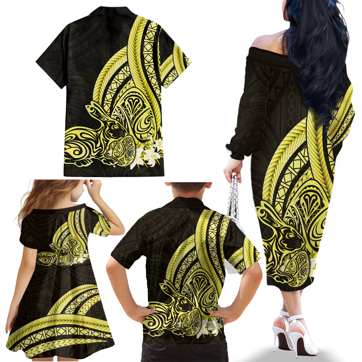 Yellow Polynesia Easter Day Family Matching Off The Shoulder Long Sleeve Dress and Hawaiian Shirt Eggs With Bunny Polynesian Pattern LT14 - Polynesian Pride