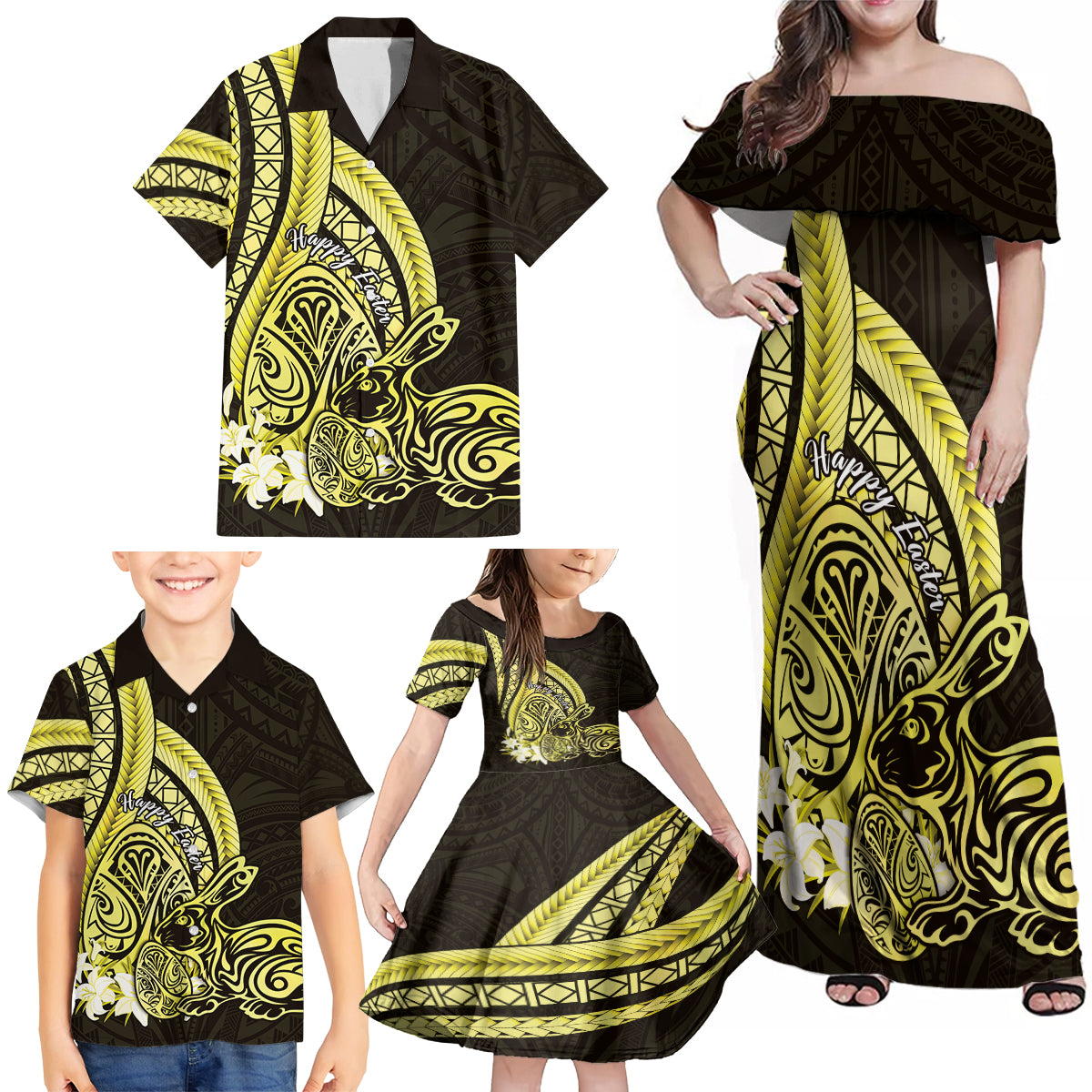 Yellow Polynesia Easter Day Family Matching Off Shoulder Maxi Dress and Hawaiian Shirt Eggs With Bunny Polynesian Pattern LT14 - Polynesian Pride