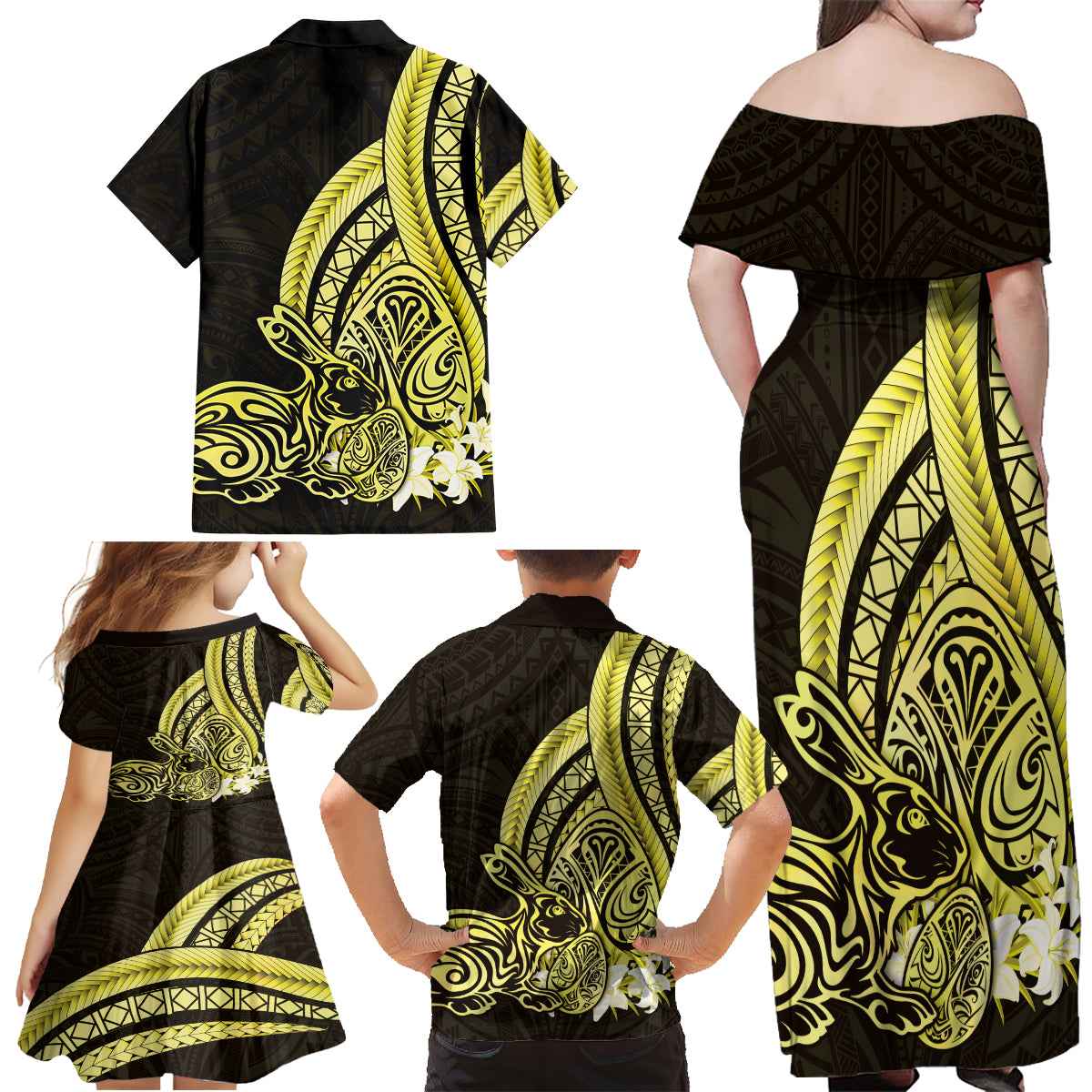 Yellow Polynesia Easter Day Family Matching Off Shoulder Maxi Dress and Hawaiian Shirt Eggs With Bunny Polynesian Pattern LT14 - Polynesian Pride