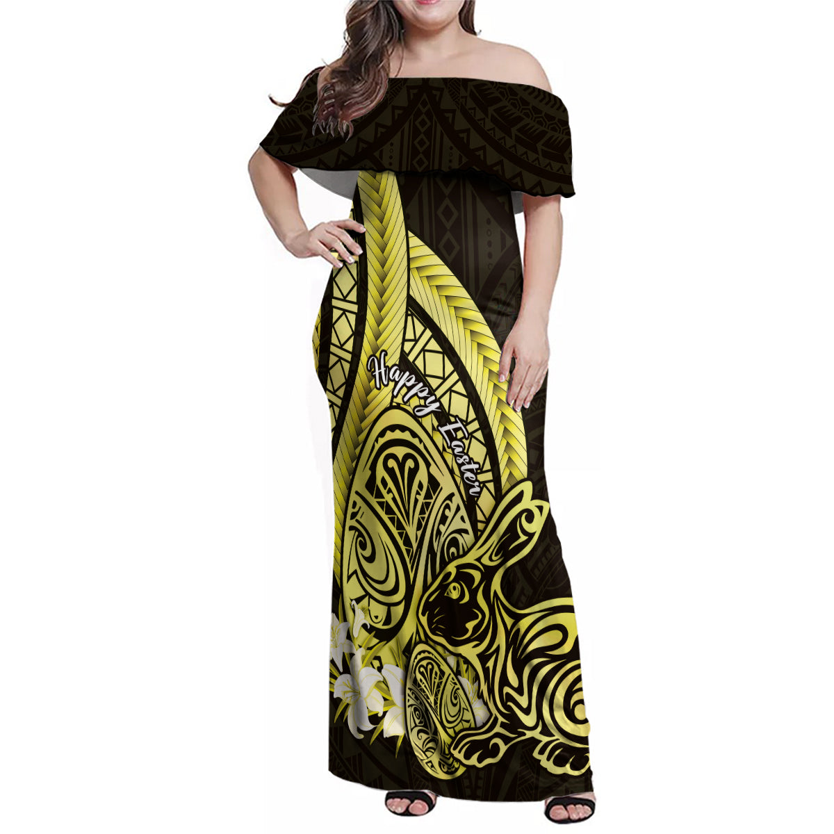 Yellow Polynesia Easter Day Family Matching Off Shoulder Maxi Dress and Hawaiian Shirt Eggs With Bunny Polynesian Pattern LT14 Mom's Dress Yellow - Polynesian Pride