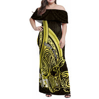 Yellow Polynesia Easter Day Family Matching Off Shoulder Maxi Dress and Hawaiian Shirt Eggs With Bunny Polynesian Pattern LT14 Mom's Dress Yellow - Polynesian Pride