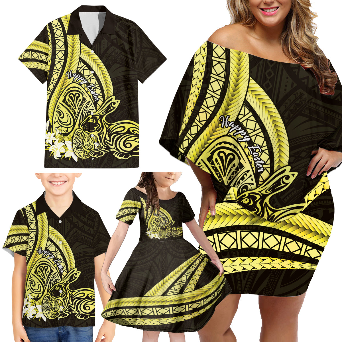 Yellow Polynesia Easter Day Family Matching Off Shoulder Short Dress and Hawaiian Shirt Eggs With Bunny Polynesian Pattern LT14 - Polynesian Pride