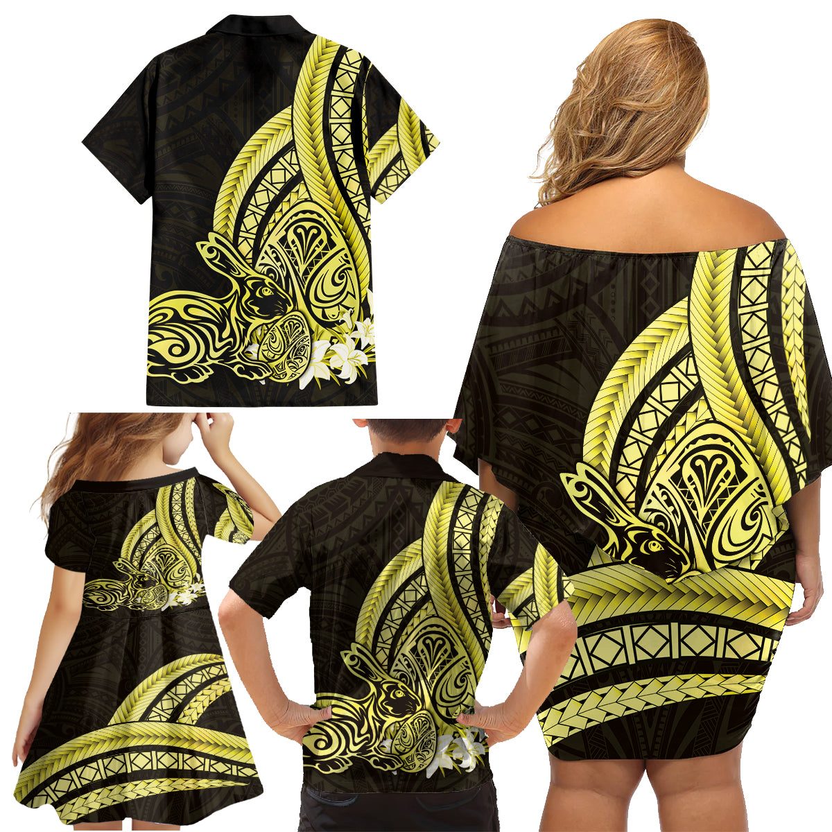 Yellow Polynesia Easter Day Family Matching Off Shoulder Short Dress and Hawaiian Shirt Eggs With Bunny Polynesian Pattern LT14 - Polynesian Pride