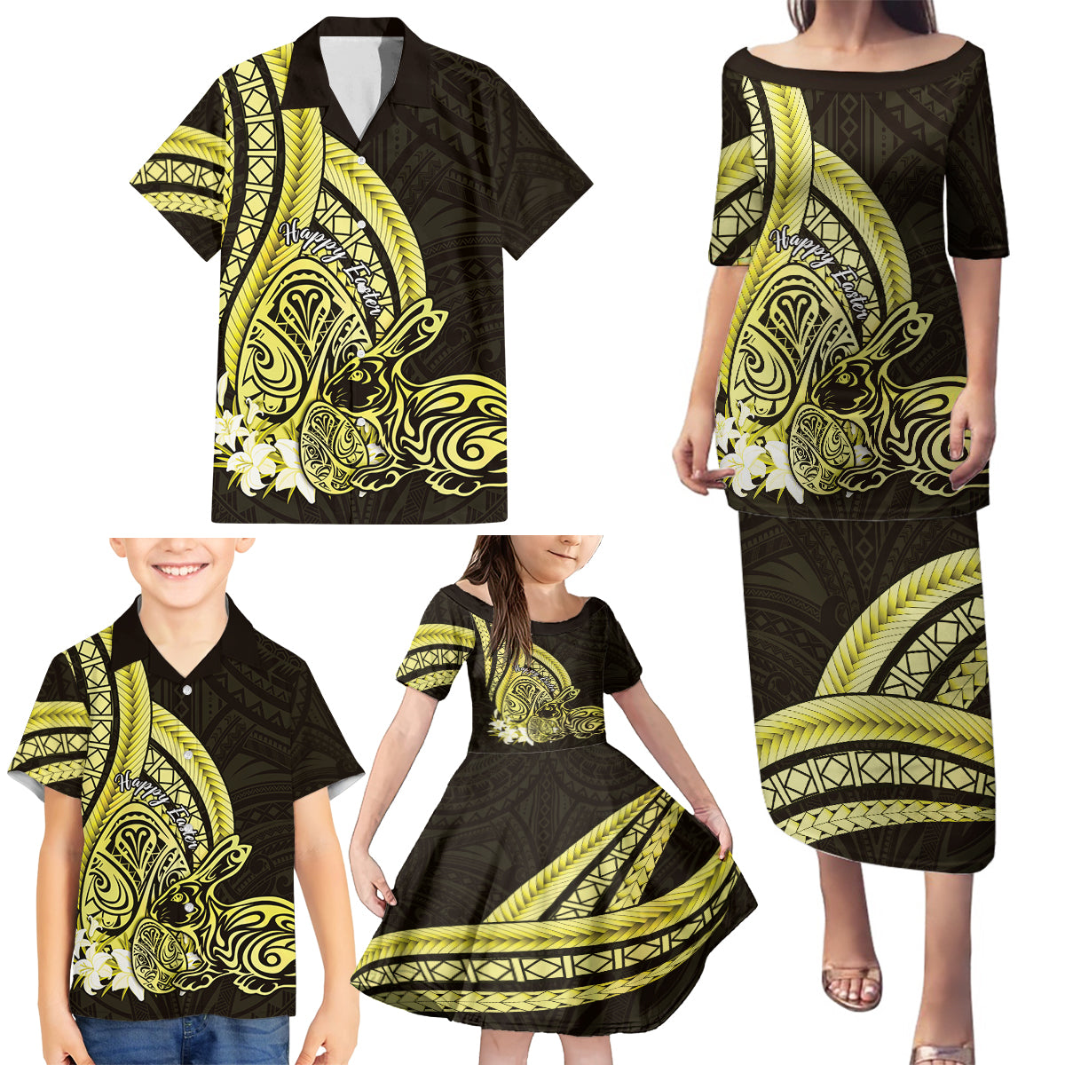 Yellow Polynesia Easter Day Family Matching Puletasi and Hawaiian Shirt Eggs With Bunny Polynesian Pattern LT14 - Polynesian Pride