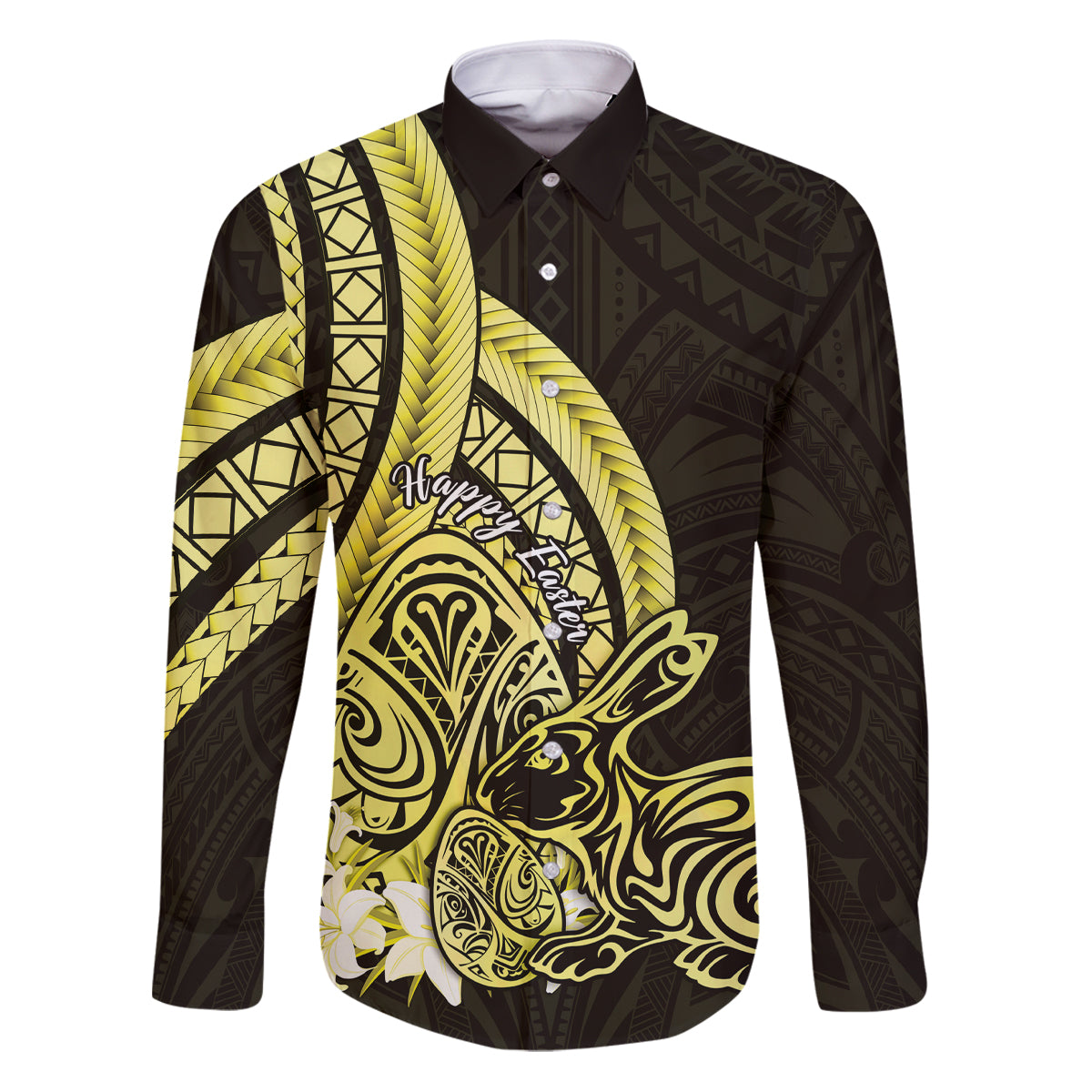 Yellow Polynesia Easter Day Family Matching Puletasi and Hawaiian Shirt Eggs With Bunny Polynesian Pattern LT14 Dad's Shirt - Long Sleeve Yellow - Polynesian Pride