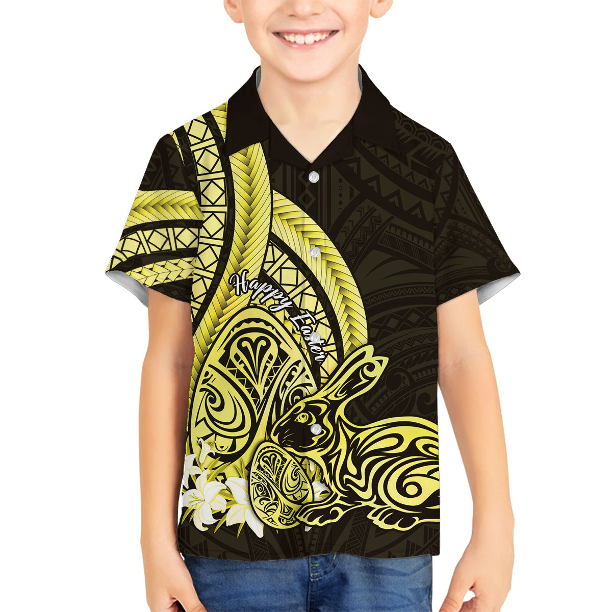 Yellow Polynesia Easter Day Family Matching Puletasi and Hawaiian Shirt Eggs With Bunny Polynesian Pattern LT14 Son's Shirt Yellow - Polynesian Pride