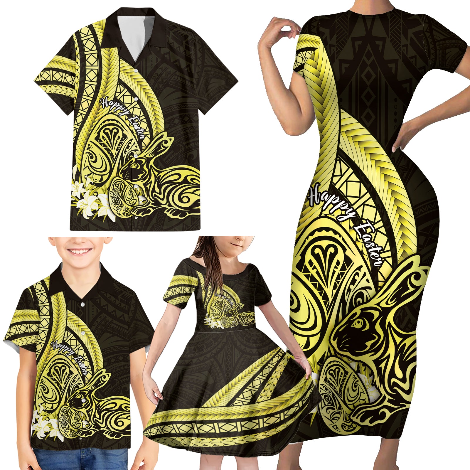 Yellow Polynesia Easter Day Family Matching Short Sleeve Bodycon Dress and Hawaiian Shirt Eggs With Bunny Polynesian Pattern