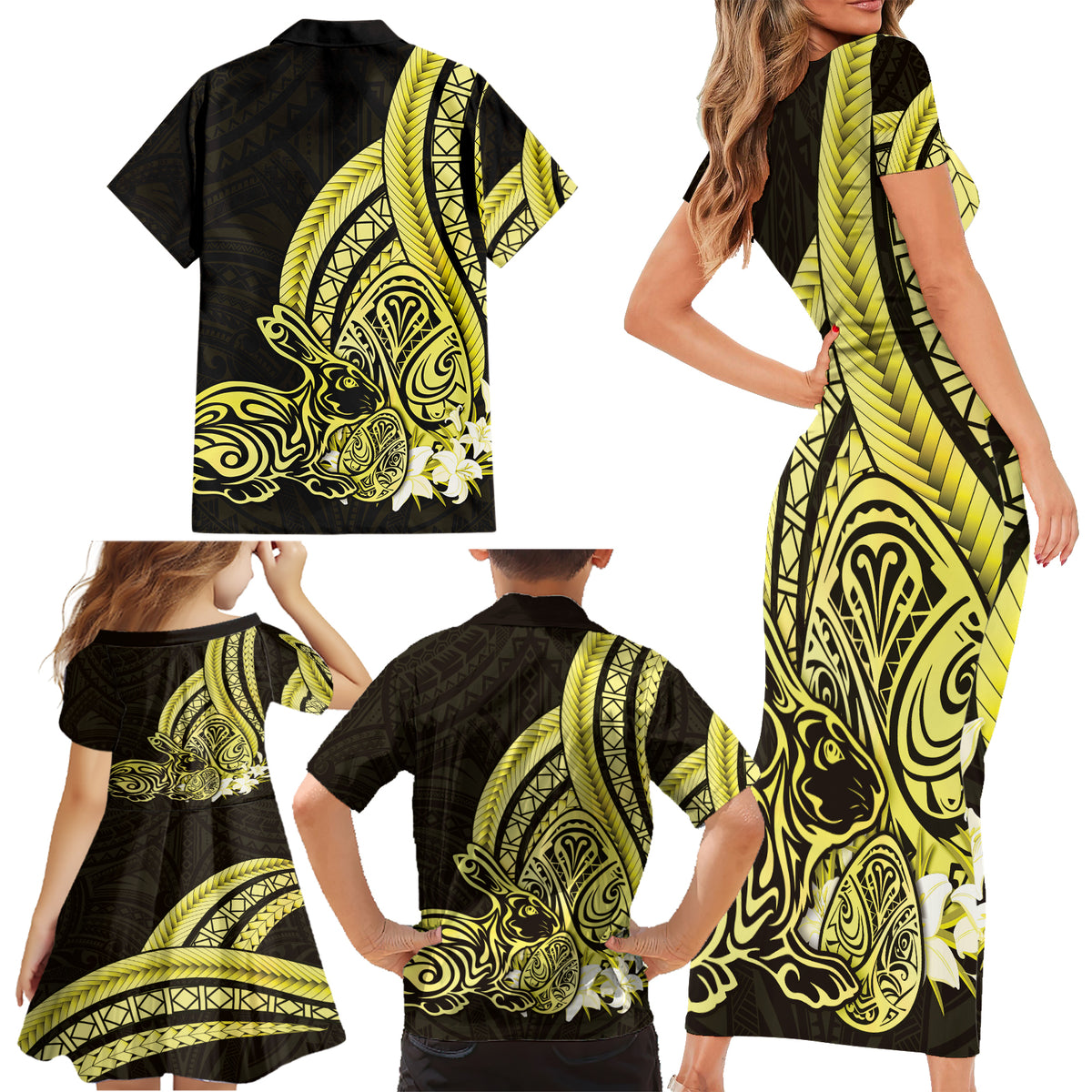 Yellow Polynesia Easter Day Family Matching Short Sleeve Bodycon Dress and Hawaiian Shirt Eggs With Bunny Polynesian Pattern LT14 - Polynesian Pride