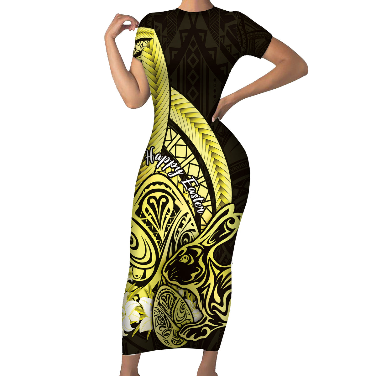 Yellow Polynesia Easter Day Family Matching Short Sleeve Bodycon Dress and Hawaiian Shirt Eggs With Bunny Polynesian Pattern LT14 Mom's Dress Yellow - Polynesian Pride
