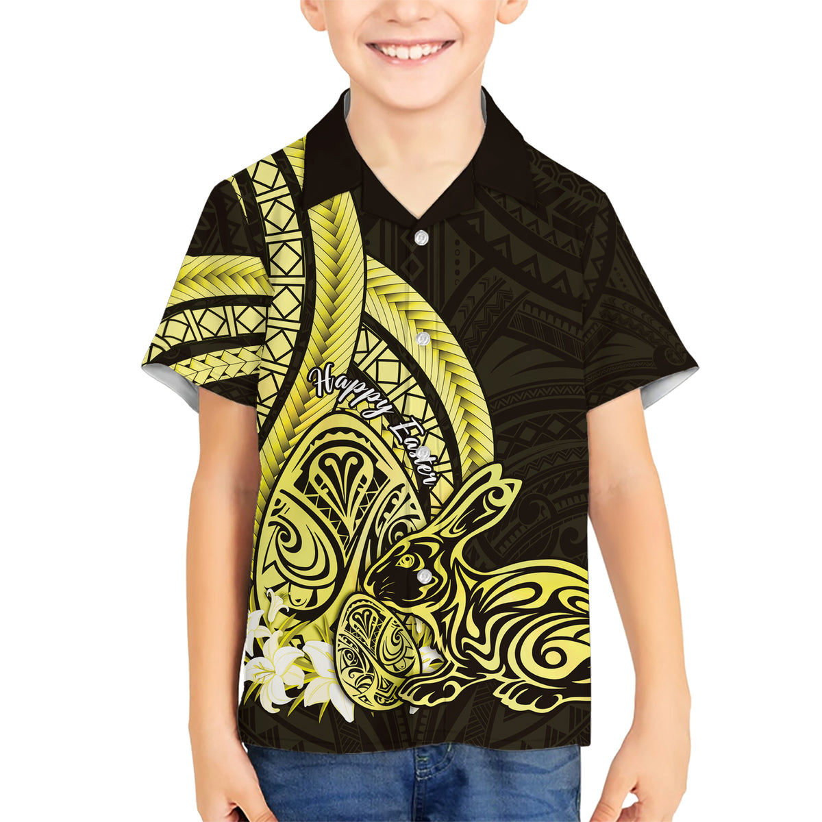 Yellow Polynesia Easter Day Family Matching Short Sleeve Bodycon Dress and Hawaiian Shirt Eggs With Bunny Polynesian Pattern LT14 Son's Shirt Yellow - Polynesian Pride