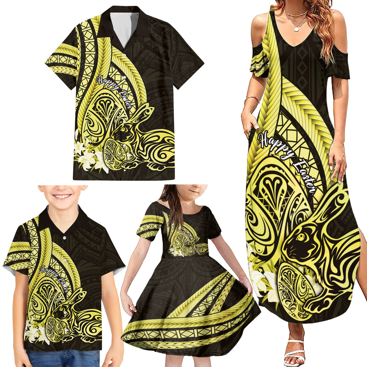 Yellow Polynesia Easter Day Family Matching Summer Maxi Dress and Hawaiian Shirt Eggs With Bunny Polynesian Pattern LT14 - Polynesian Pride