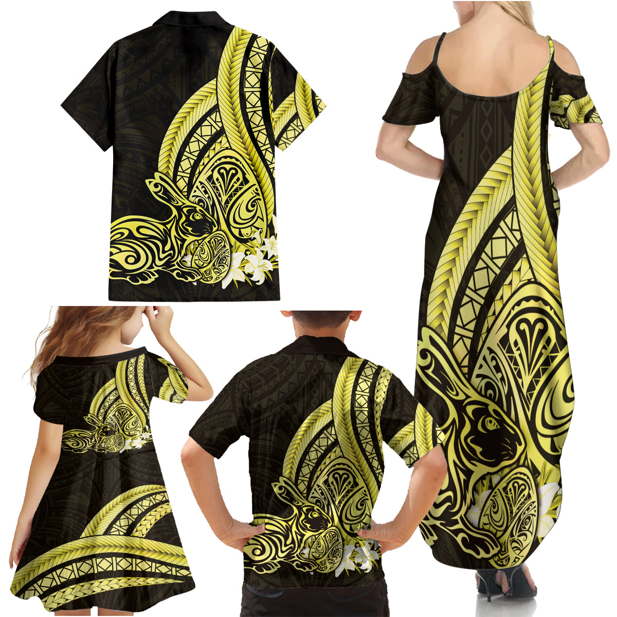 Yellow Polynesia Easter Day Family Matching Summer Maxi Dress and Hawaiian Shirt Eggs With Bunny Polynesian Pattern LT14 - Polynesian Pride