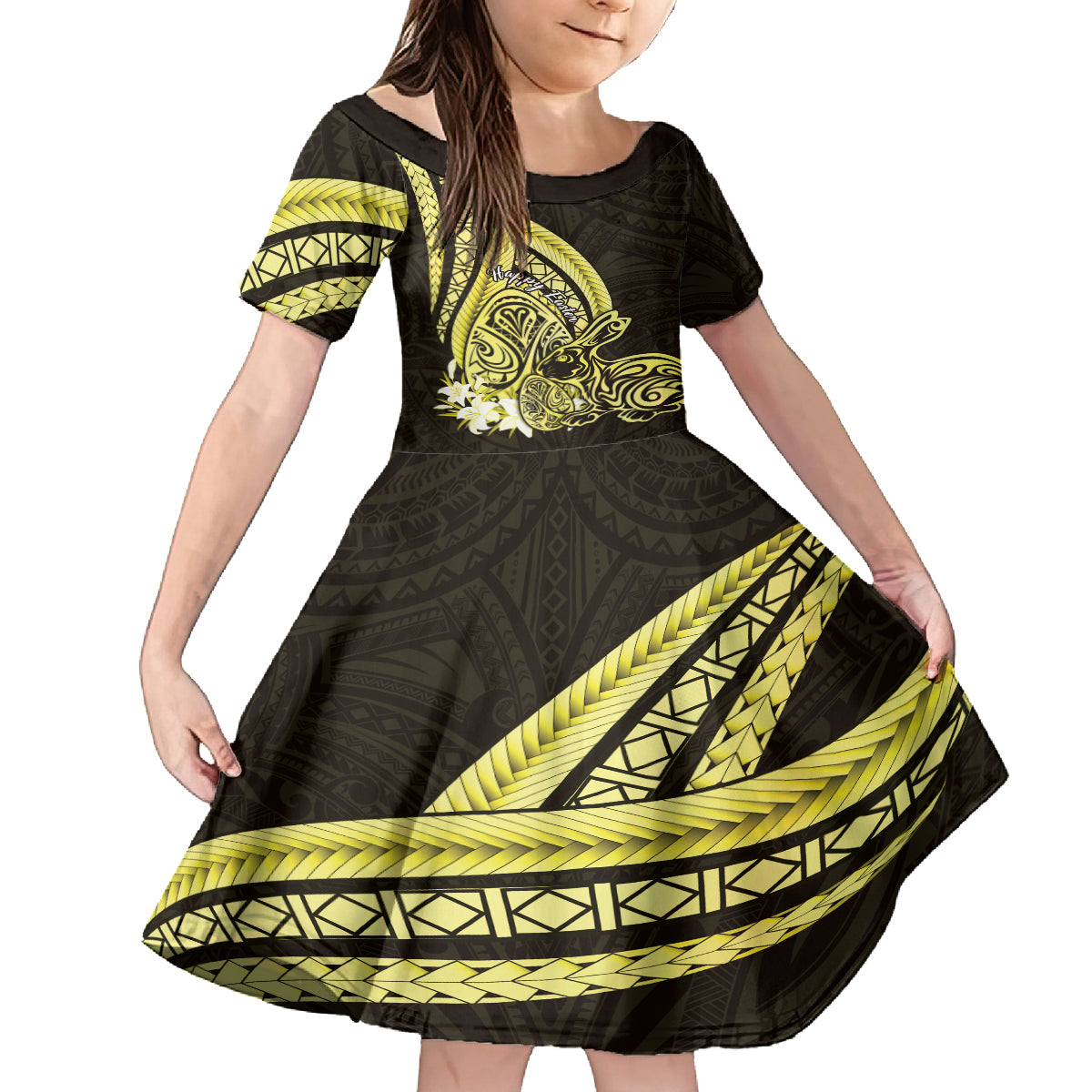Yellow Polynesia Easter Day Family Matching Tank Maxi Dress and Hawaiian Shirt Eggs With Bunny Polynesian Pattern LT14 Daughter's Dress Yellow - Polynesian Pride