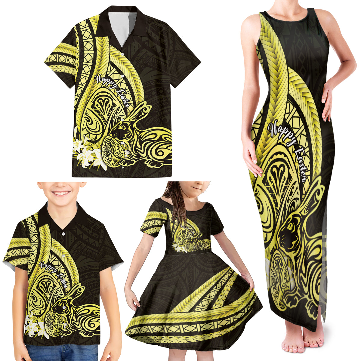 Yellow Polynesia Easter Day Family Matching Tank Maxi Dress and Hawaiian Shirt Eggs With Bunny Polynesian Pattern