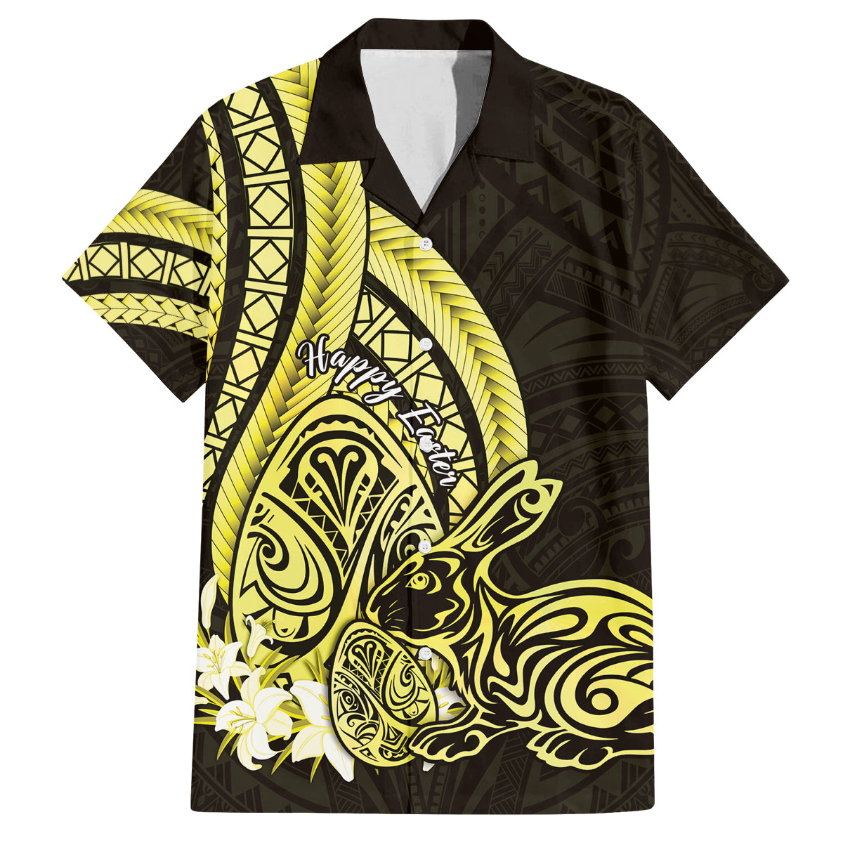 Yellow Polynesia Easter Day Family Matching Tank Maxi Dress and Hawaiian Shirt Eggs With Bunny Polynesian Pattern LT14 Dad's Shirt - Short Sleeve Yellow - Polynesian Pride
