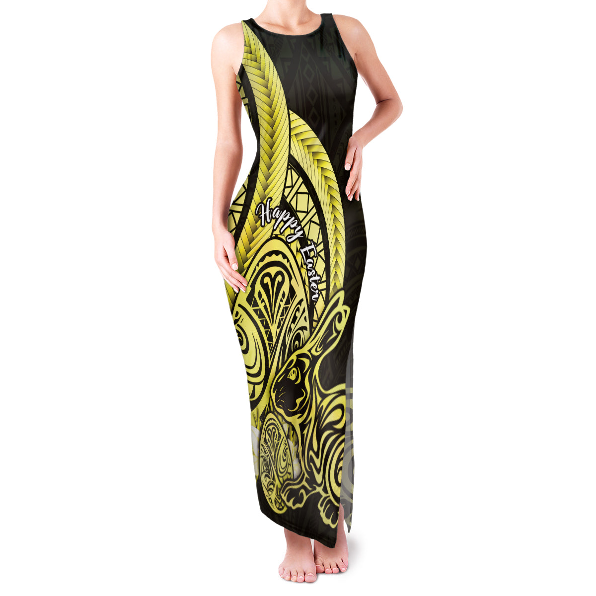 Yellow Polynesia Easter Day Family Matching Tank Maxi Dress and Hawaiian Shirt Eggs With Bunny Polynesian Pattern LT14 Mom's Dress Yellow - Polynesian Pride