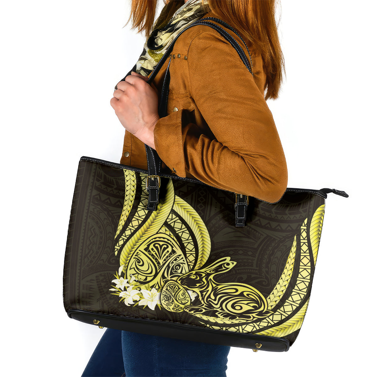 Yellow Polynesia Easter Day Leather Tote Bag Eggs With Bunny Polynesian Pattern LT14 Yellow - Polynesian Pride