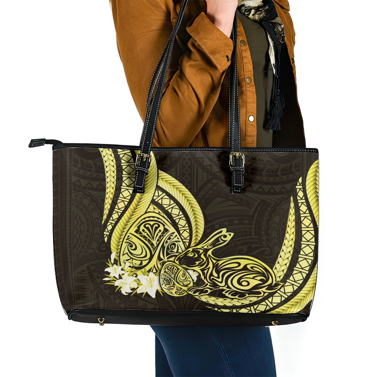 Yellow Polynesia Easter Day Leather Tote Bag Eggs With Bunny Polynesian Pattern LT14 - Polynesian Pride