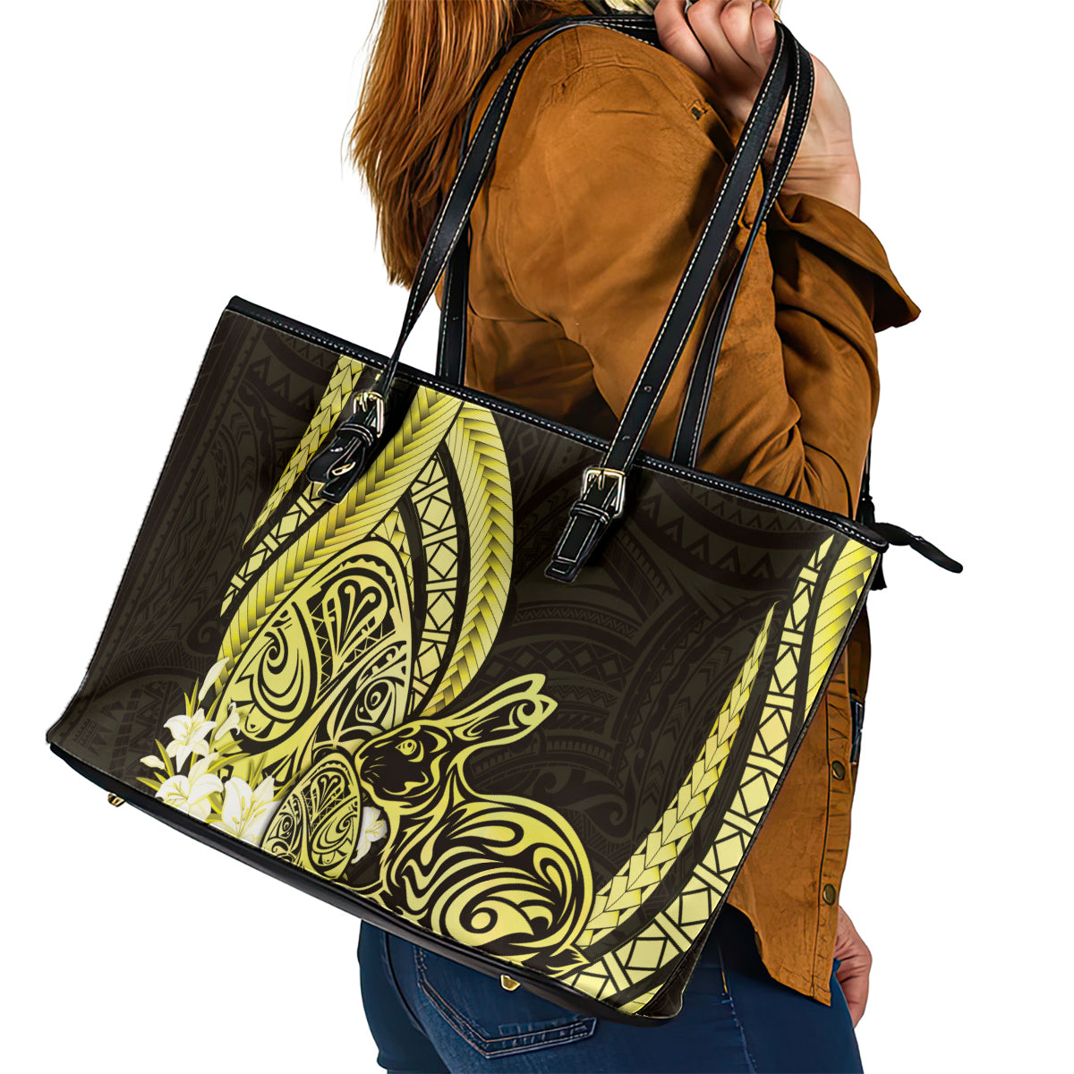 Yellow Polynesia Easter Day Leather Tote Bag Eggs With Bunny Polynesian Pattern LT14 - Polynesian Pride