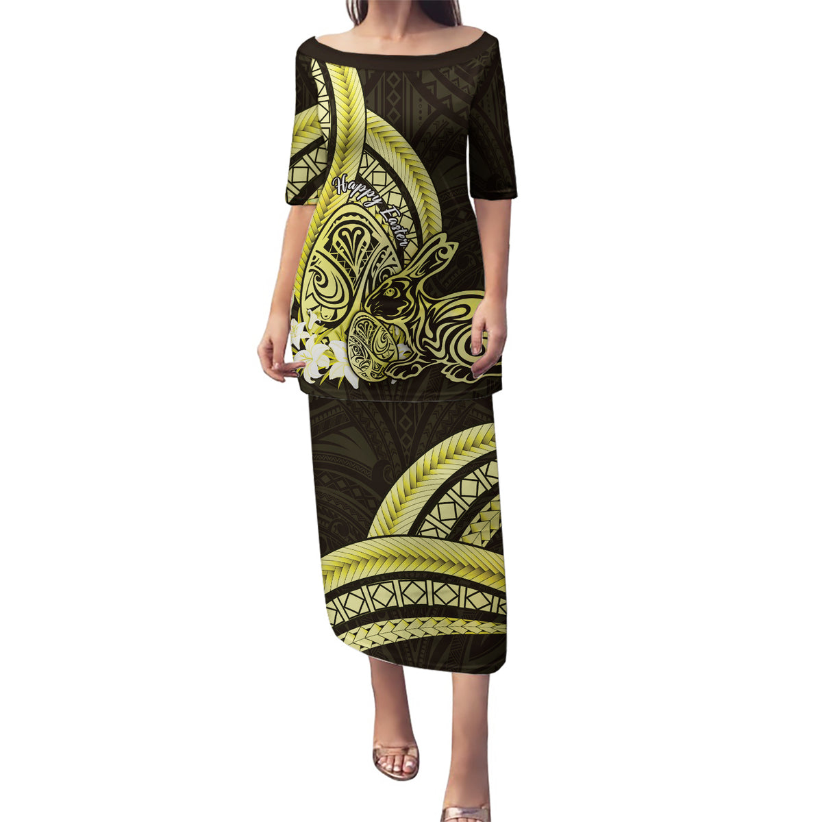 Yellow Polynesia Easter Day Puletasi Eggs With Bunny Polynesian Pattern LT14 Long Dress Yellow - Polynesian Pride