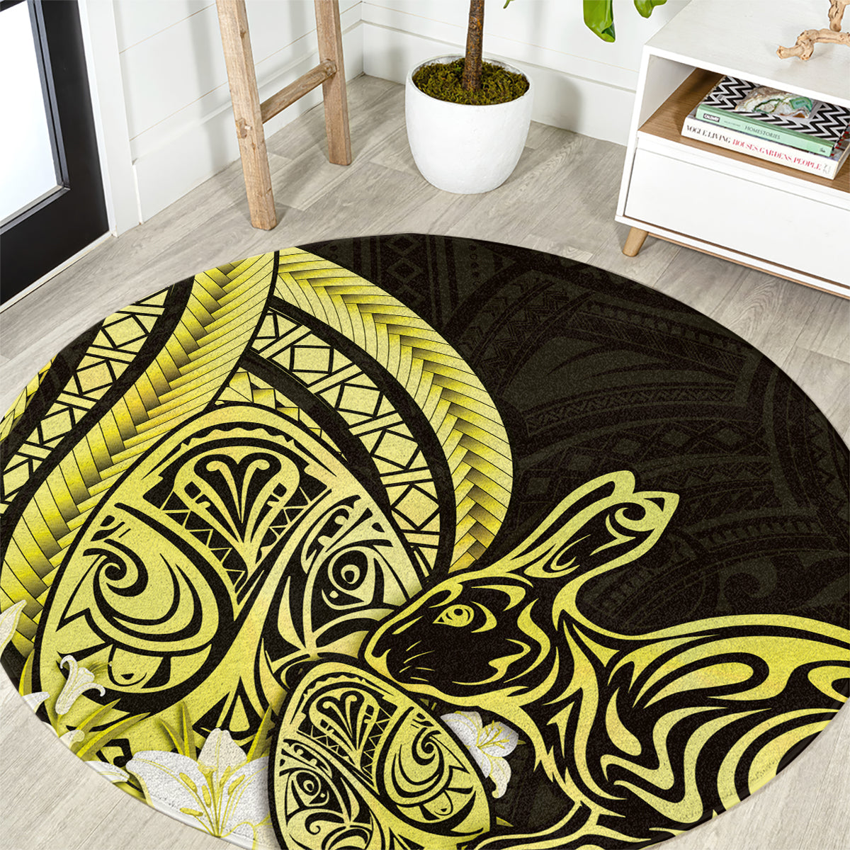 Yellow Polynesia Easter Day Round Carpet Eggs With Bunny Polynesian Pattern