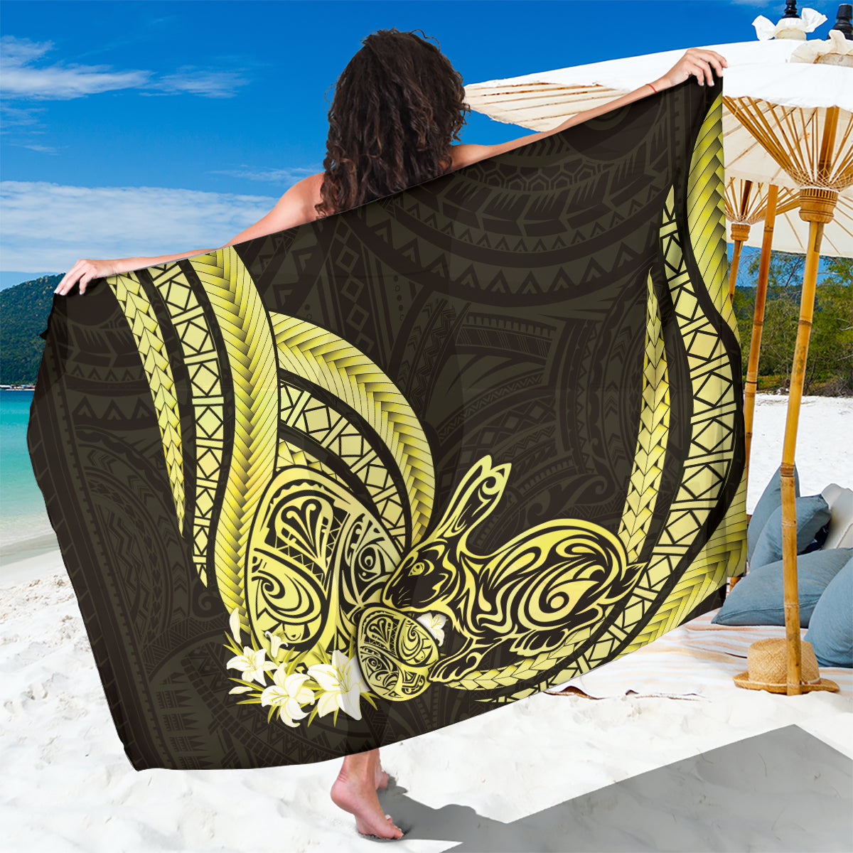 Yellow Polynesia Easter Day Sarong Eggs With Bunny Polynesian Pattern