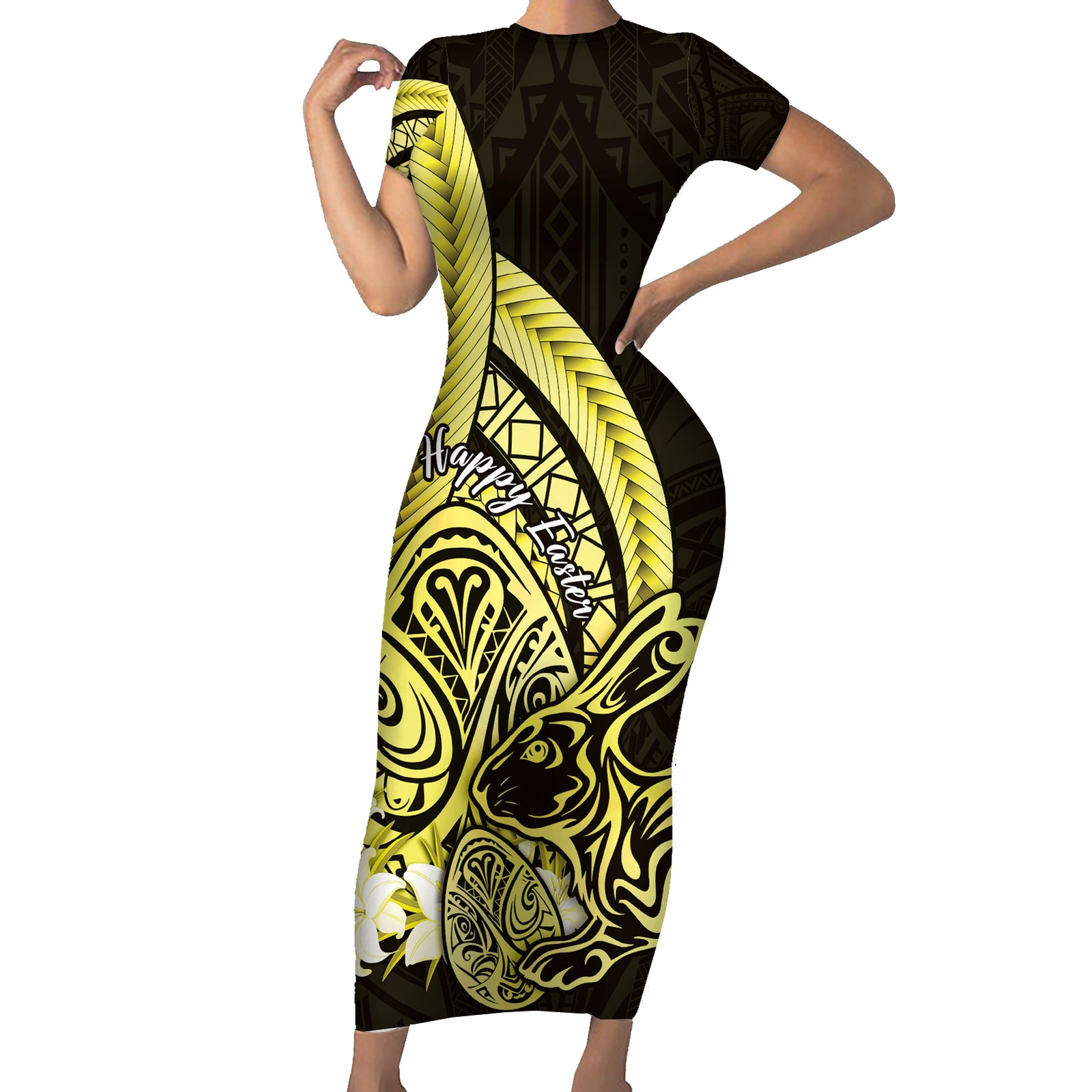 Yellow Polynesia Easter Day Short Sleeve Bodycon Dress Eggs With Bunny Polynesian Pattern
