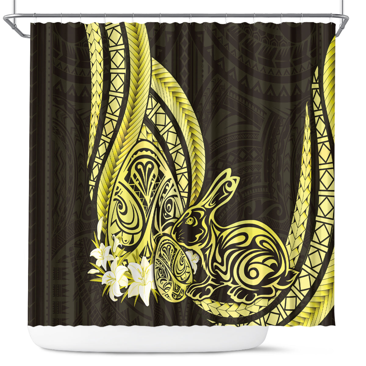 Yellow Polynesia Easter Day Shower Curtain Eggs With Bunny Polynesian Pattern