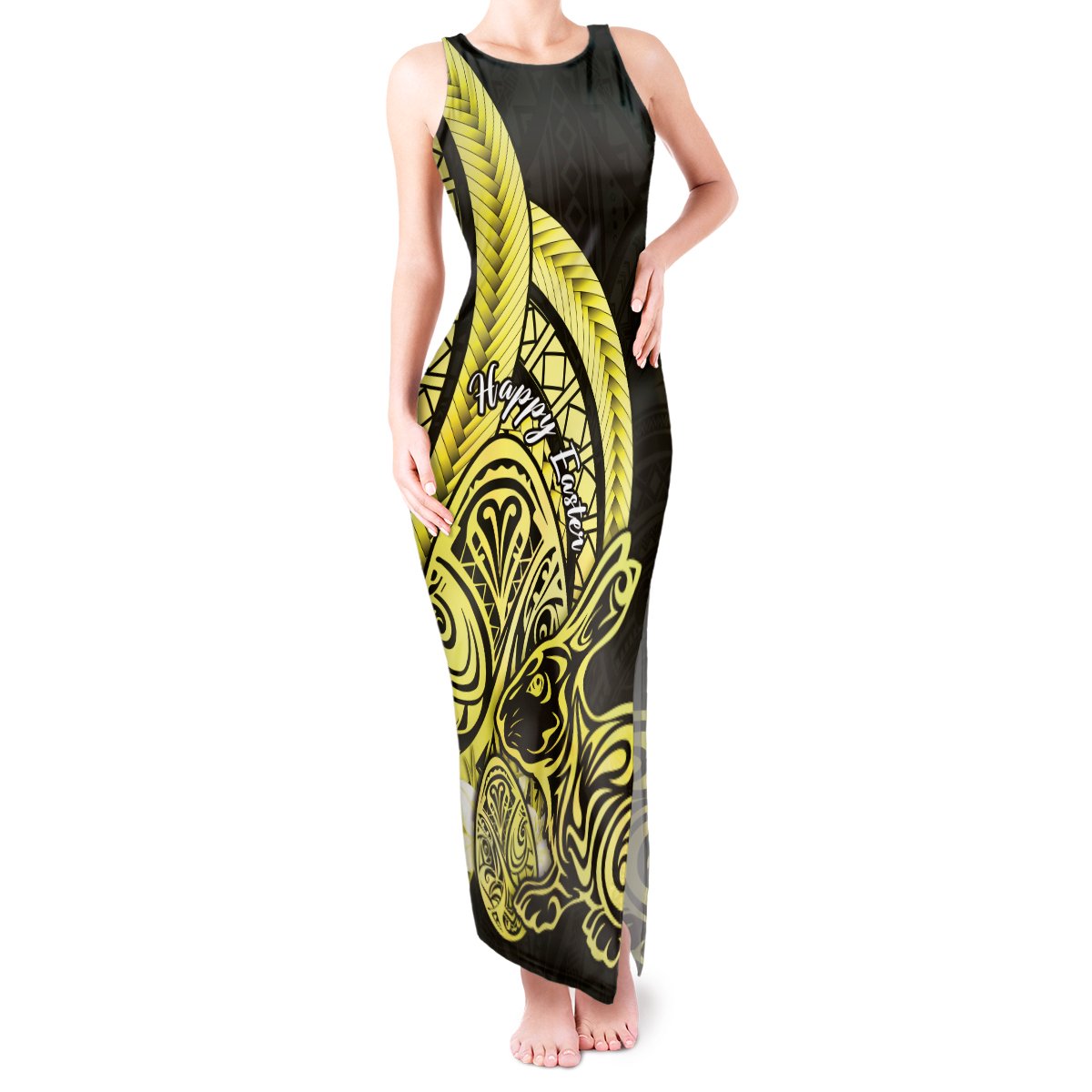 Yellow Polynesia Easter Day Tank Maxi Dress Eggs With Bunny Polynesian Pattern LT14 Women Yellow - Polynesian Pride