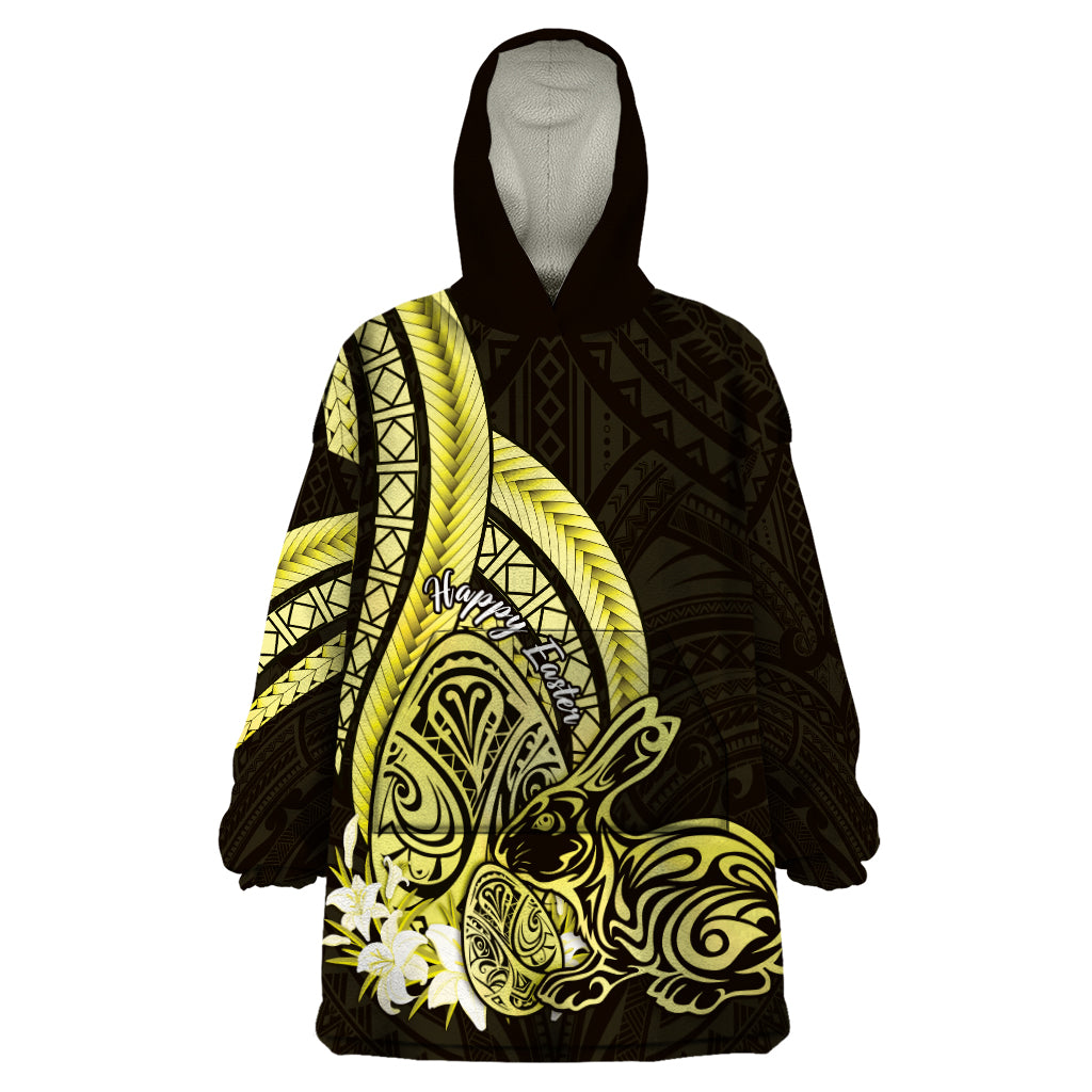 Yellow Polynesia Easter Day Wearable Blanket Hoodie Eggs With Bunny Polynesian Pattern