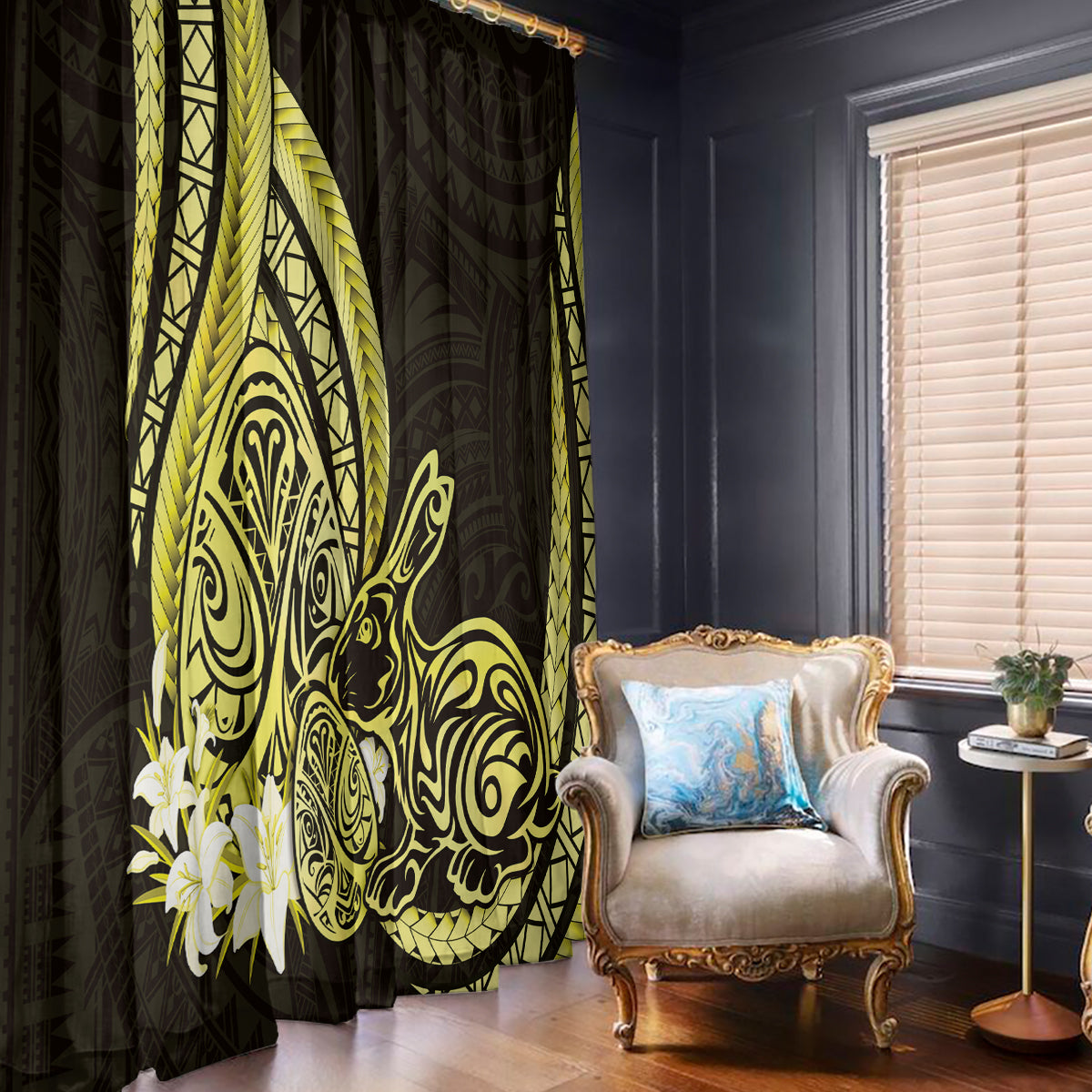 Yellow Polynesia Easter Day Window Curtain Eggs With Bunny Polynesian Pattern LT14 - Polynesian Pride