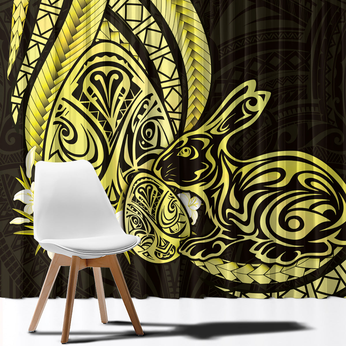 Yellow Polynesia Easter Day Window Curtain Eggs With Bunny Polynesian Pattern LT14 - Polynesian Pride
